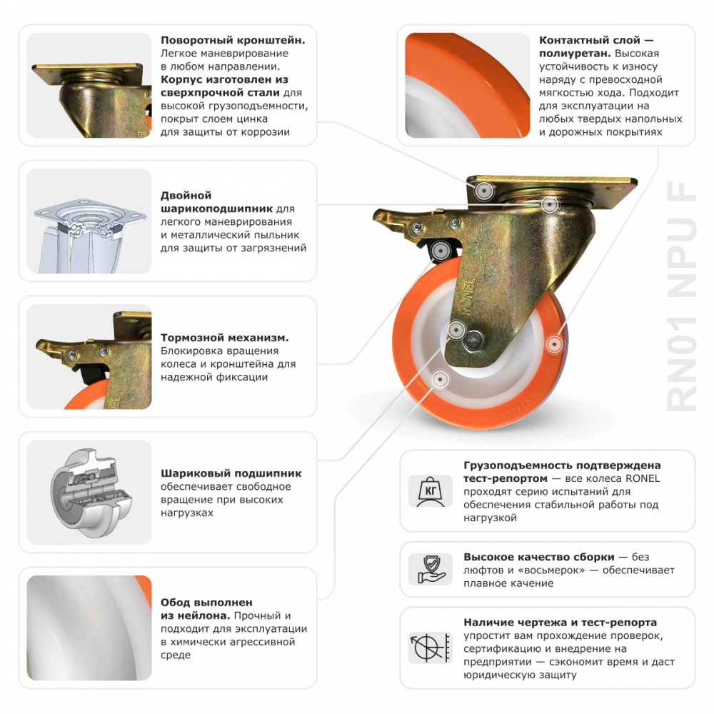 RN01 NPU 150F Большегрузн поворотная колесная опора, полиуретан, обод-нейлон с тормозом